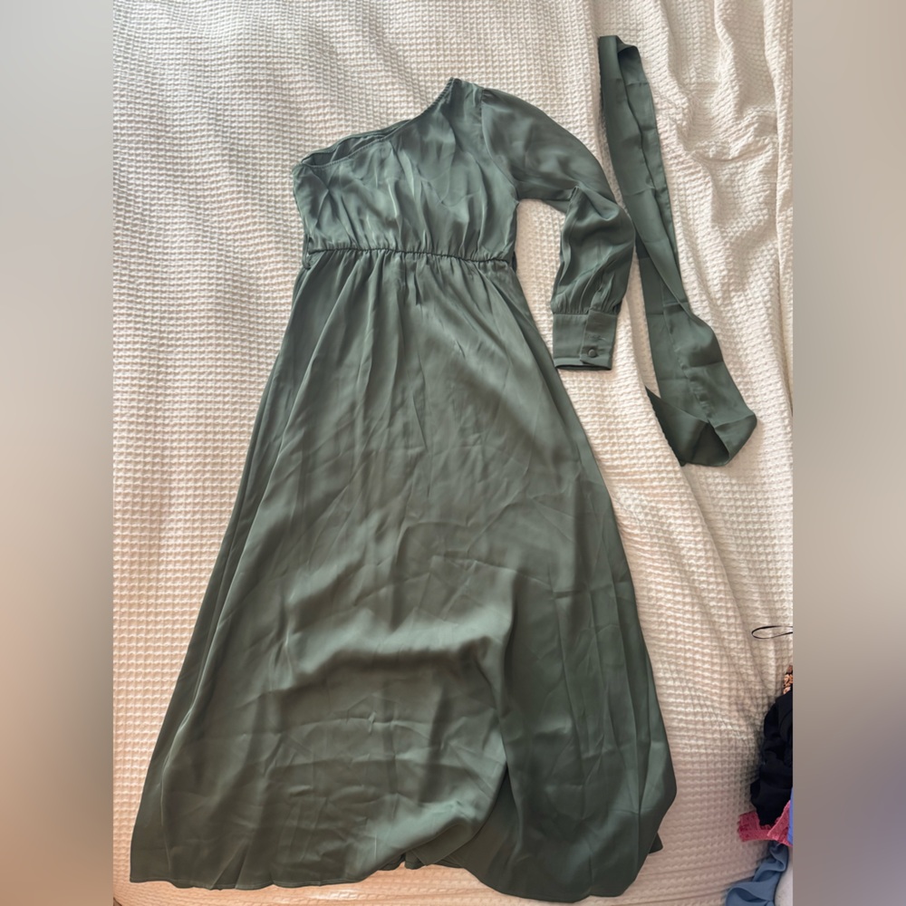 Amazon Green Asymmetrical Ruched One Shoulder Gown